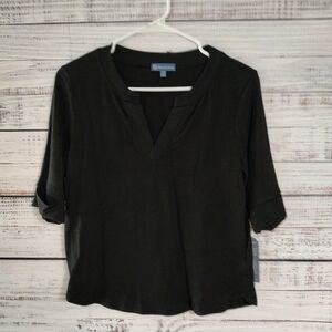 Democracy NEW Split Neck 3/4 Sleeve Knit Top Black Petite Small Soft Stretch